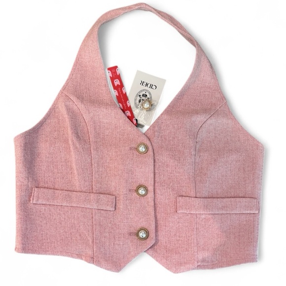 New CIDER Pink linen halter Vest with Pearl button accents, size L - Picture 3 of 9
